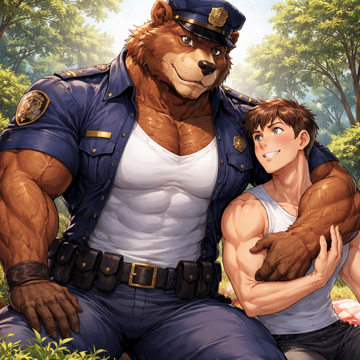A Full BODY and FACE of a Muscular and Buff and a Gigantically Muscular with Chunky Gigantic Pecs AND biceps and a BIGGER head with the Perfect Waist. VERY Masculine and handsome ANIME Animated Bara Furry Grizzly Bear with a VERY Good-looking and Mature Face and brown eyes with a wrestler type body and Hair on his chest. Wearing a Policeman Uniform and White shirt under it looking at his buff human Boyfriend that’s Blushing. On a Picnic. With his boyfriend leaning on and Messaging his Arms