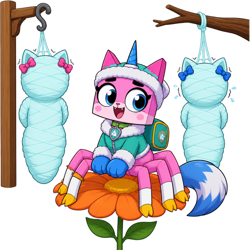 wrapped up and mummified fully covered in a #B8FFFF spider slik cocoon shaped like anthro black cat female anthro two pink hair bows worried with arms behind back with #B8FFFF spider slik wrappings completely covered with thick layers non-transparent #B8FFFF spider slik wrappings hanged to the wooden hook on the left side next to wrapped up and mummified fully covered in a #B8FFFF spider slik cocoon shaped like anthro black cat girl female anthro with 2 blue hair bows whimpering arms behind back with #B8FFFF spider slik wrappings completely covered with thick layers non-transparent #B8FFFF spider slik wrappings hanged to the branch on the the right side next to happy pink cat anthro femboy arachne with blue and white tail white wrists blue hands white ankles yellow feet green collar blue unicorn horn based on unikitty wearing everest's hat and everest's clothing with everest's backpack sitting on a orange flower
