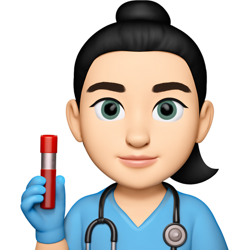 phlebotomist with white skin, a nose ring, and and black hair arched eyebrows and folded ponytail on top of head light blue eyes