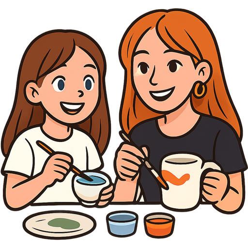 two girls (one brown long hair blue eyes 10 years old wearing a white shirt / one ginger long hair with middle part and side bangs and brown eyes 27 years old wearing gold hoop earrings and a black shirt) painting ceramics and having fun
