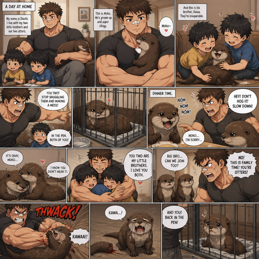 A DETAILED AND LIFELIKE ANIME Comic Book story view of a Bulky but Muscular ANIME Cute Bara Man With Peach toned skin Who looks Normal aind round facial Structure and Basic facial structure With Puffy and Big Pecs that are visible through the shirt and Biceps and Bandaid on his nose and Brown Fluffy and Strait hair. Wearing normal With his pet Grown and long and healthy otter and 2 little brothers that are in Late elementary grades. And they are in the house minding their businesses, And the otter’s brother snuggles them too but both are scared of the bigger brother. And the brother puts him the otter in his pen. And the otter Snuggles his twin in the pen. And the Otter gets out to eat dinner and disciplines him for being greedy and his twin otter comforts. And has a shoulder to cry on. And the big brother snuggles his little brothers in on hug Cause of his big frame and Huge Arms and the otters feel left out and ask if they can join but the big brother says no fiercely. And an otter looses his tail from the older brother. And the other otter is put in the pen