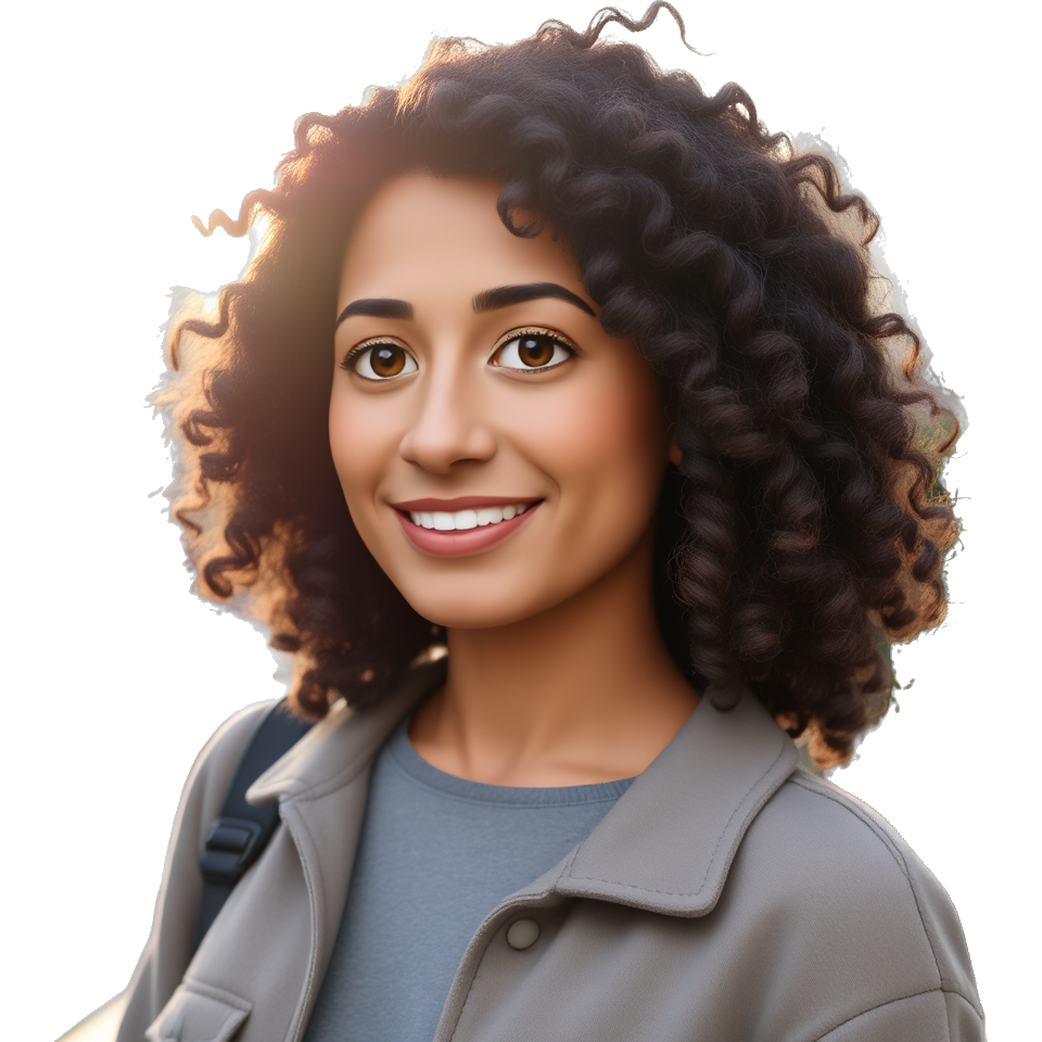 "Latino woman with curly hair, vibrant colors, urban backdrop, soft sunlight, natural beauty, cozy aesthetic, pastel tones."
