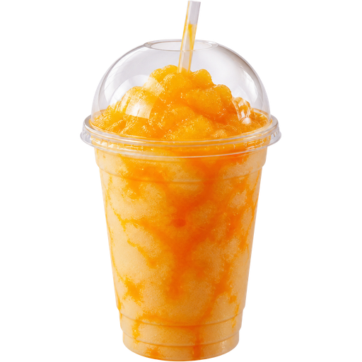 Mango Orange Soft Shaved Ice Slushie in a White Plastic Cup and Plastic Dome Lid with a Straw Mixed in with Extra Syrup