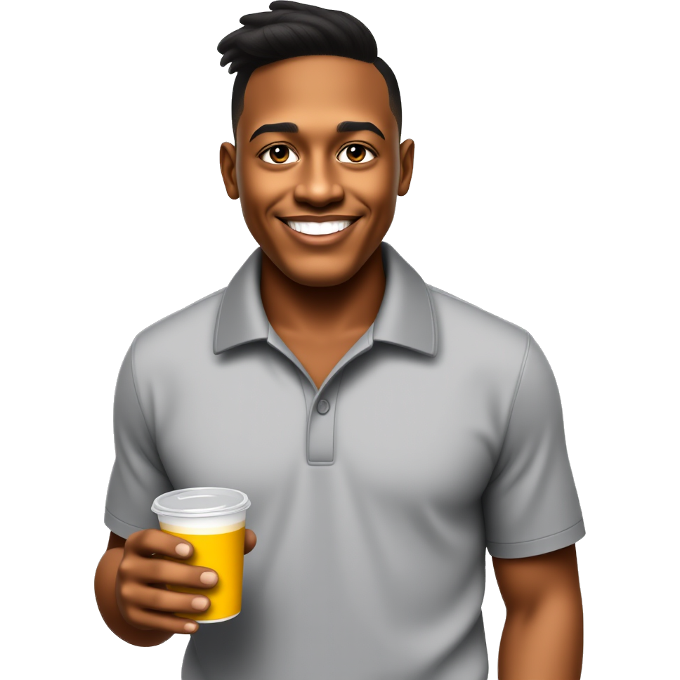 Brown skin tall young man with low taper fade wearing Golf shirt with a cup in hand with a happy expression