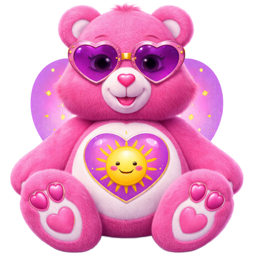 Shine Cerise Care Bear with a Yellow Rising Smiling Sun with Purple Rays inside A Picture Heart and yellow rays outside of the heart on the stomach with a pink heart nose Wearing Purple Heart sunglasses and a Gold Bridge Connecting the Sunglasses with Pink Hearts on the Paws