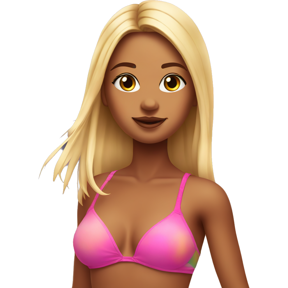 Tan girl with straight blonde hair in the beach while wearing a cute pink bikini with a beautiful multi coloured sunset and ocean behind her