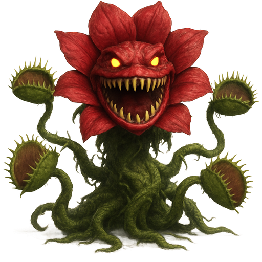 monster flower red petals with sharp teeth and yellow glowing eyes inside mouth body covered with giant vines moss and 5 venus flytraps on huge tentacles
