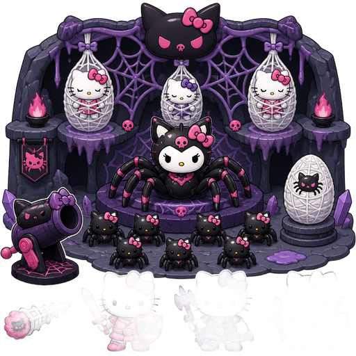 cat drider's lair playset with 3 spider web cocooned female cats 1 cat drider 6 baby cat spiders 1 cat spider cocoon 1 cat spider launcher 1 cat spider web missile 3 cat warriors hello kitty version