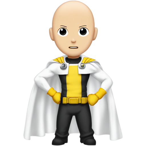 Saitama from One Punch Man, bald head, blank expression, yellow hero suit with white cape, red gloves