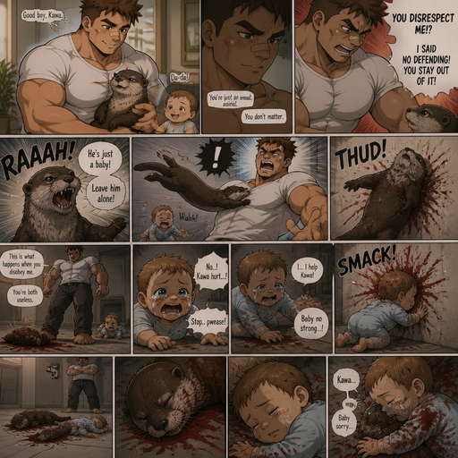 A DETAILED AND LIFELIKE LONG ANIME Comic Book story view of a Bulky but Muscular ANIME Cute Bara Man With Peach toned skin Who looks Normal aind round facial Structure and Basic facial structure With Puffy and Big Pecs that are visible through the shirt and Biceps and Bandaid on his nose and Brown short hair that makes them look tough. Wearing normal With his pet Grown and healthy realistic otter. And had a brother infant baby And the otter sticks up for the baby and then flies to the wall from him and lays there and the otter looses his tail In discipline for defending him. And the baby watches everyhting crying and trying to help but isn’t strong enough and to small but crawls to the brother to defend the otter but flies at the wall red getting everywhere and the Brother hated them both the whole time and the baby and the otter didn’t wake up and the baby huged the otter and the baby can‘t speak good English