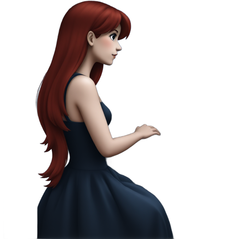 "Dark feminine girl with red hair on a balcony, gazing at the starry night, surrounded by soft shadows."
