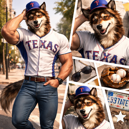 A Full Body and Facial Image of a Hunky and Chunky a Very Hot and Handsome German Shepard mixed with a Australian Shepard bara furry who is a Extremely muscular but not to muscular and Extremely Masculine and Handsome and Ginormous Arms and a Rounded Pecs very Short Strait Hair but tall and a little bit lean. Wearing a texas Rangers baseball jersey and a Hat with Jeans, tussling his hair on the street
