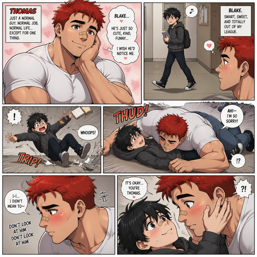 A Comic book story of a Bulky and muscular ANIME Cute Bara Man Who looks Normal and American with a round facial Structure and Basic facial structure With Big Pecs and Biceps and Bandaid on his nose. Wearing a White shirt and Jeans with Scarlet Red hair and named Thomas with a huge crush on Blake. With Blake a Skinny and small Kid. Blake falls and then Thomas falls on top of him. And then Thomas looks away and blushes and then Blake grabs his face.