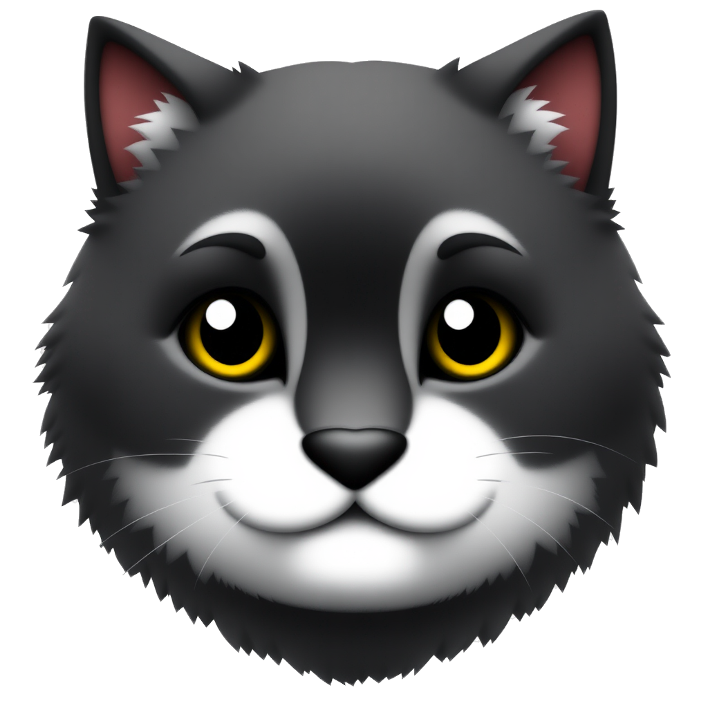 Color and Fur: • Base color: Black and white. • Fur texture: Fluffy, long, and soft, with a slight sheen. 2. Face Structure: • Shape: Rounded face with prominent, soft cheeks. • Eyes: Large, round, slightly upward-tilted, with yellow-green irises and a curious, alert expression. 3. Nose and Unique Patch: • Nose: Small, black nose centered on the face. • Distinctive Patch: A black “mole” or small patch directly above the nose, centered between the eyes. 4. Facial Pattern: • Symmetry: Black and white markings that form a mask-like shape around the eyes and nose. • Chin and Lower Cheeks: White fur around the chin and lower cheeks, contrasting with the black on the upper part of the face. 5. Ears: • Shape: Triangular, fluffy ears with a slight outward angle. • Color: Black on the outside, possibly with small hints of white at the base or edges. 6. Expression: • The overall expression should be calm, curious, and slightly playful, capturing a warm and friendly demeanor.