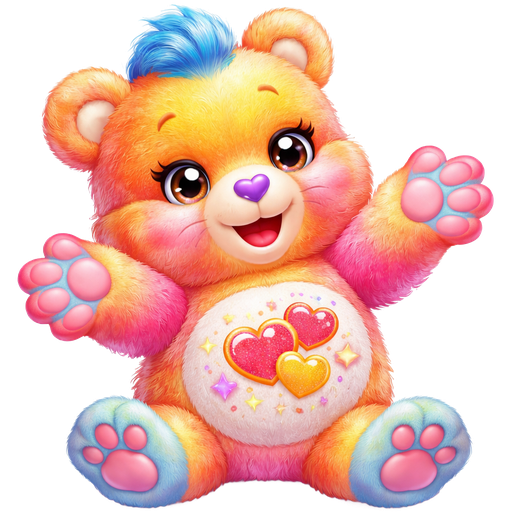 Thankful Heart Care Bear with Gradient Orange, Yellow and Pink Mixed Pattern Fur and Yellow Around the Forehead and on the Ears with Pink Paws and Pink Feet with Blue Paws Reaching For the Glitter Hearts with a Yellow Outline and Red Hearts with Purple, Yellow, Pink Twinkles and Stars on the Stomach with a Purple Heart Nose and Blue Tufts of Hair and Two Hearts in the Pupils of the Eyes