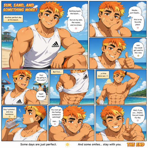 A Full page Anime Comic book story about of a masculine and Bulky ANIME Cute Bara Man American 20 year old with a ROUND and BASIC facial structure and TENAGE BARA CUTE MALE not to detailed With bigger than average Pecs that are visible through the shirt and Biceps and a big Bandaid on his nose and Left Cheek and Right Eye brow. Wearing a no piercings Baggy White sleeveless Adidas Athletic shirt and Short and Orange Hair and Brighter Yellow Hair Tips and Strait with brown eyes and black eyebrows. Sitting down Hot,Cute and Dreamy smile and doing other cute and Hot stuff at a Beach Taking off his shirt