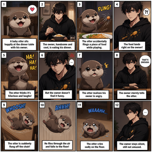 A comic book Picture by picture and shows every action of a A baby otter with and his male Cute and Handsome wearing a Black Hoodie and Shorts owner the owner at the dinner table eating food and flings on to the owner on accident but the otter laughs but the owner didn’t find it funny and then the otter flies to the floor and the otter cries.