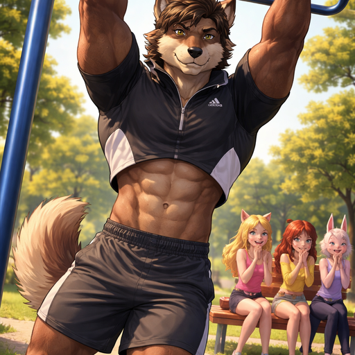 A Full Body Image of a Hunky and Chunky a Hot and Handsome Brown Wolf who is a Muscular but not to muscular Masculine and Handsome and Ginormous Arms and a Rounded Pecs Short Strait Hair. Wearing an Adidas Quarter Zip that is Short around the Waist and Shorts. Hanging on the Monkey Bars an girls blushing at him from a distance sitting at a Bench