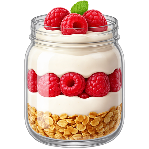 In a Masson jar add granola crumbs to the bottom, on top of that add raspberries, on top of that add yogurt then on top add three raspberries