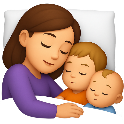 Modern emoji woman sleeping in bed. She is sleeping on her side and her arm is underneath her head. She has fair skin. Her hair is brown. Her eyes are closed. There is a toddler boy with dark blonde hair sleeping next to her. The toddler is up against her side. There is a baby boy also sleeping next to her. The baby boy is sleeping next to her pressed up against her side
