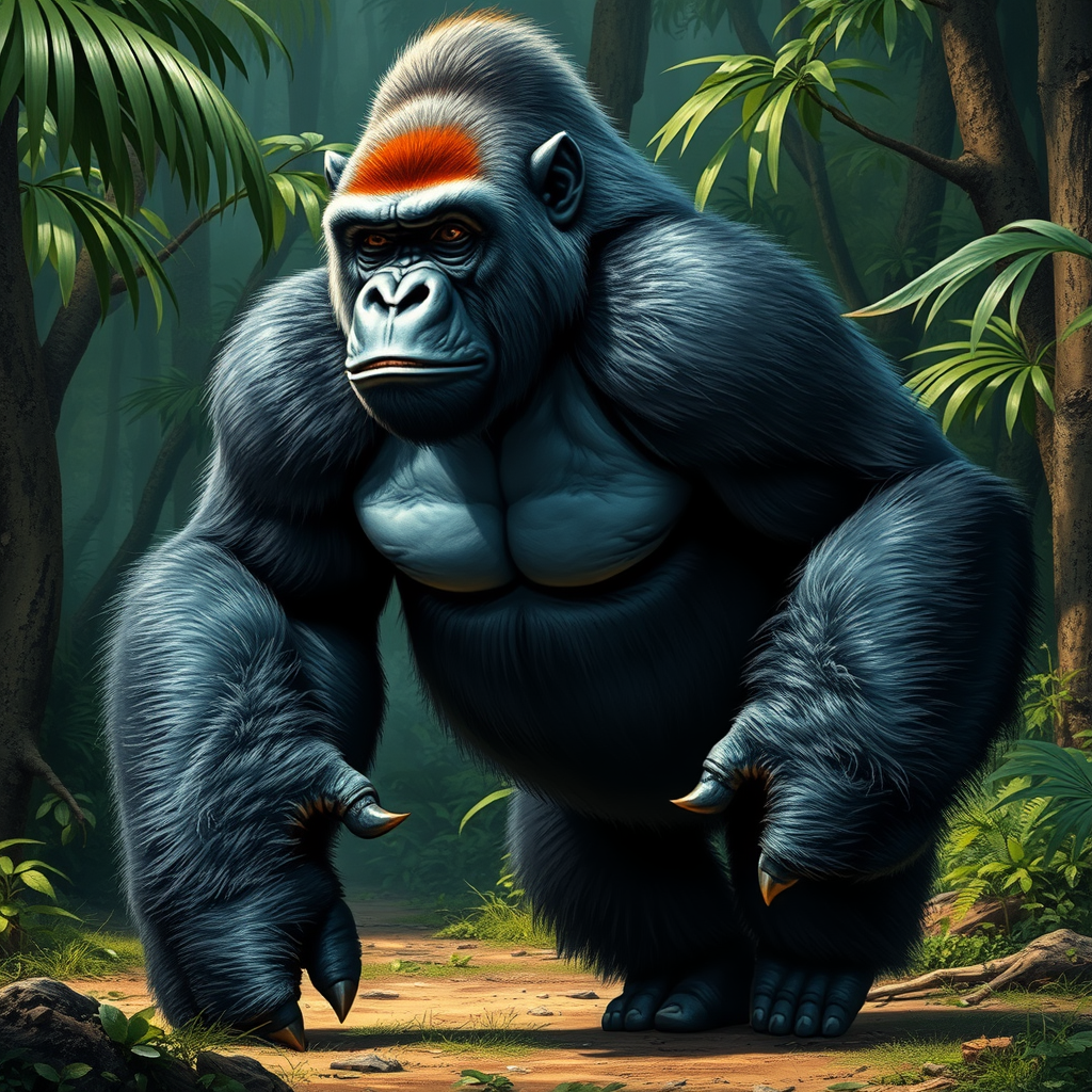Epic silverback gorilla named MonkeKong. MonkeKong is a gorilla so he does not wear clothes and he usually knuckle walks on all fours. Draw MonkeKong in a style similar to Donkey Kong but more realistic