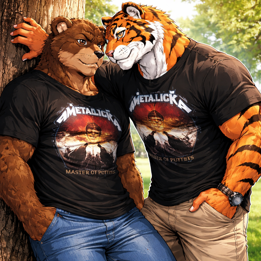 A Full BODY and FACE of a Buff and a Bara Furry Grizzly Bear with brown eyes with a wrestler type body. Wearing a Baggy Metallica Shirt. At the Park. With his Tiger Boyfriend who is as big and Buff as him wearing a Metallica shirt. Pinning him onto a Tree with the other hand in his Pocket.