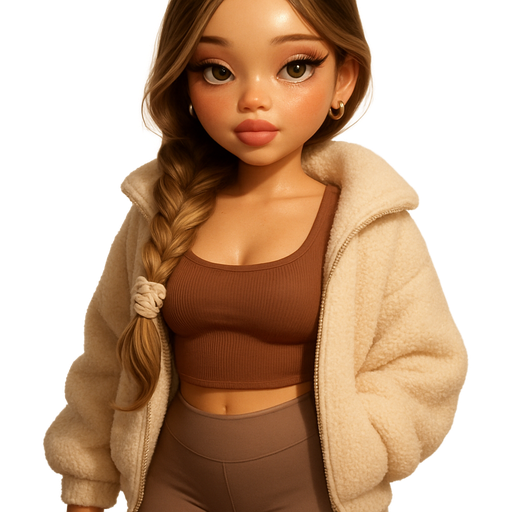 luxury glossy bratz-doll romantic aesthetic, soft 3D render style, dreamy cinematic glow, gentle warm light, smooth glossy glam skin, plush yet stylized features, crisp clean detail. petite girl, fair skin with soft freckles and honey warmth, tall forehead, wide rounded face, plush lips, honey-brown almond upturned eyes with fluttery lashes and shimmer highlight, softly defined hourglass body with full round bust. soft studio lighting, brunette with light blonde highlights, semi-stylized glossy finish, bratz-anime hybrid realism, high-quality digital art: wearing Warm cocoa brown ribbed scoop-neck cropped tank layered under an oversized ivory teddy zip-up jacket with plush fur texture, paired with high-waisted taupe leggings hugging the hips. Mini ugg slides with ivory fur trim, thin gold hoop earrings, and a cream silk scrunchie tied in side fishtail plait draped forward over one shoulder with loose tendrils framing the face