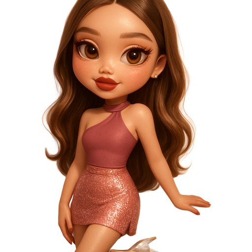 sleek cartoon luxury glam, mini plush Bratz-doll aesthetic, cinematic glow, crisp clean detail, glossy glam skin. brown eyed skinny Petite girl, fair skin with soft freckles, wide face with tall forehead, honey-brown almond wide-set upturned eyes, fluttery lashes, shimmer highlight, plush lips, bottom heavy lip, sweet Belle-princess vibe, medium-long brunette hair with visible caramel highlights, hair sleek and wavy. softly defined feminine body, soft hourglass shape with full round bust, muted berry one sided asymmetrical neck top with connected neck wrap tie, blush pink mini sequin skirt, gold strap metallic pointy stilettos. peachy-pink blush with shimmer highlight, muted berry lips, sleek muted berry almond nails. leaning bent elbow on wall, one knee slightly bent pose. Cozy romantic glow, soft warm lighting, pop-princess energy