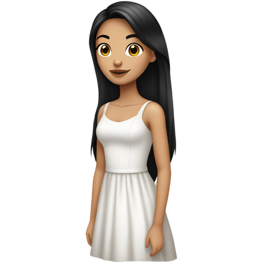 A latina teenage girl with straight black hair and a white dress she must also have curled long lashes please