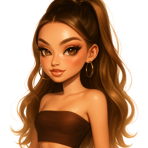 luxury glossy bratz-anime romantic aesthetic, warm cinematic glow, crisp clean detail, glossy glam skin. petite girl, warm soft-autumn tone, fair skin, honey-brown almond eyes, soft freckles, warm toasty glam makeup, glossy nude lips, flutter lashes, sweet Belle-princess vibe, long brunette honey balayage hair with visible light honey blonde highlights, Chocolate-brown tube top and leopard mini skirt, high ponytail, nude gloss, hoop earrings, fierce smirk, pop-princess energy, shimmer highlight, sparkly glow