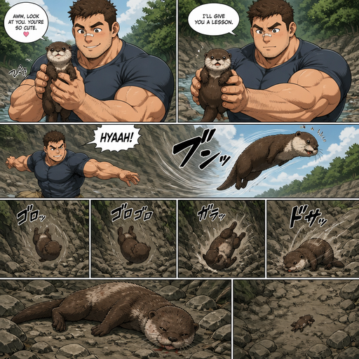 A DETAILED AND LIFELIKE ANIME Comic Book story view of a Bulky but Muscular ANIME Cute Bara Man With Peach toned skin Who looks Normal aind round facial Structure and Basic facial structure With Puffy and Big Pecs that are visible through the shirt and Biceps and Bandaid on his nose and Brown short hair. Wearing normal clothes. An otter and then he throws it at a rock, and it rolls down rocks and lays there unable to move