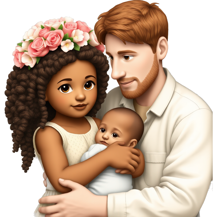 Light Brown skin girl who had curly hair with a white baby who has brown hair and a white man who has red hair