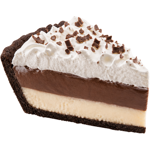 A Slice of Triple-Layer Chocolate Pudding Pie and the Bottom Layer Being Cheesecake Pudding and the Top Layer Being Whipped Cream