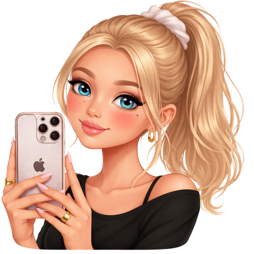 A white teenager with blonde hair gathered in a ponytail with blue eyes with a black top while taking a picture with her iPhone 14 Probably