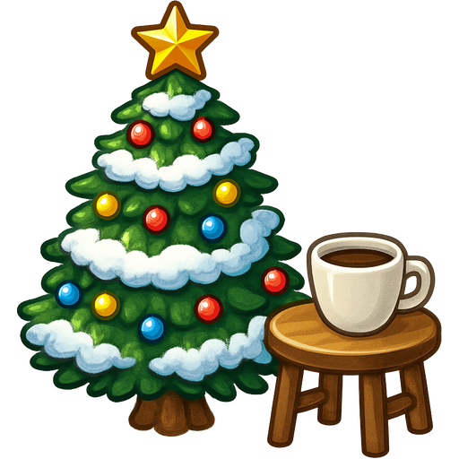 Cheerful Christmas image with a pine tree covered in snow and lights with a gold star on the top of the tree. A small table next to the tree right side with a cup of coffee on the table.