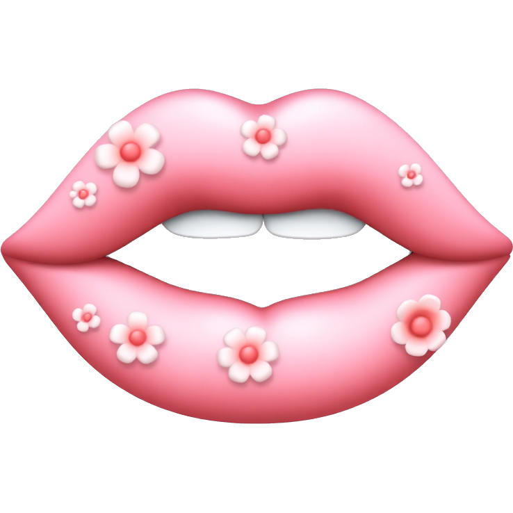 "Passionate Embrace" – a pair of cartoon lips adorned with delicate floral patterns, glistening with dew drops. They’re wearing a tiny silver ring and surrounded by sparkling hearts, radiating warmth and affection in vibrant hues of pink and red.