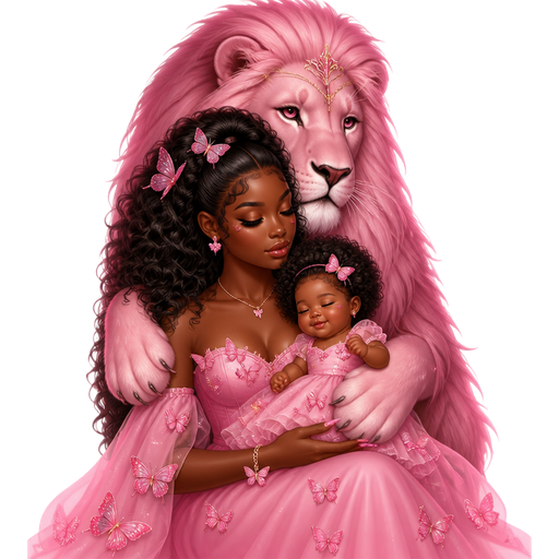 A black woman has a pink lion over her and she is wearing a pink dress with butterflies and she has a baby and it’s a girl and and she is wearing the same thing and they both have curly hair