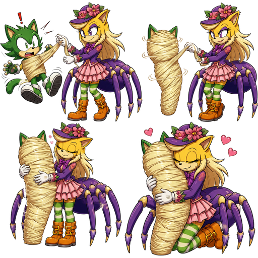 green boy cat furry getting quickly wrapped up and webbed by furry yellow cat anthro with purple eyes light blonde hair purple and pink florist hat and purple florist outfit green and white socks orange boots with buckles light pink skirt drider hybrid with its own light blonde hair webbing 2 light blonde hair mummy shaped like green boy cat furry completely covered with light blonde hair webbing then furry yellow cat anthro with purple eyes light blonde hair purple and pink florist hat and purple florist outfit green and white socks orange boots with buckles light pink skirt drider hybrid hugs the light blonde hair mummy shaped like green boy cat furry completely covered with light blonde hair webbing sonic x comic version