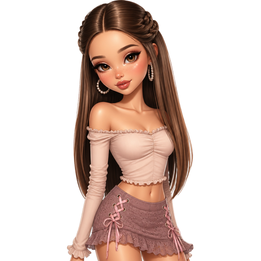 semi-realistic soft cartoon luxury glam, mini plush Bratz-doll aesthetic, cinematic glow, crisp clean detail, glossy glam skin. brown eyed Petite 5ft girl, fair skin with soft freckles, wide face with tall forehead, honey-brown almond wide-set upturned eyes, fluttery lashes, shimmer highlight, plush lips, bottom heavy lip, sweet Belle-princess vibe, long straight brunette hair with visible caramel highlights, wearing a rosy-beige off-shoulder ruched top with delicate lettuce hems, a mauve low-rise eyelet mini skirt with ribbon threading, pearl hoops, hair in a polished blowout with mini braids pulled into the crown, makeup with rosy taupe eyeshadow, lifted eyeliner, soft pink blush, glowy cheeks, and a glossy dusty-rose lip