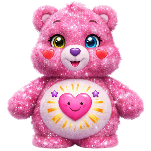 Kind To All Care Bear With Pink, Light Pink and Magenta Glittery Mixed Pattern Fur with a Yellow Left Eye and a Blue Right Eye with a Purple Heart Nose and Red Heart Blush with a Smiling Pink Heart Having the Rays Being Yellow and Orange Coming out the sides of it With Purple Stars Surrounding it on The Stomach