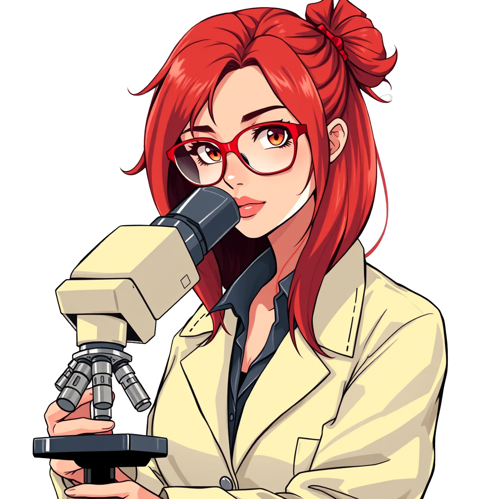 anime art of Sexy soviet female scientist microscope glasses red yellow labcoat white on a white background