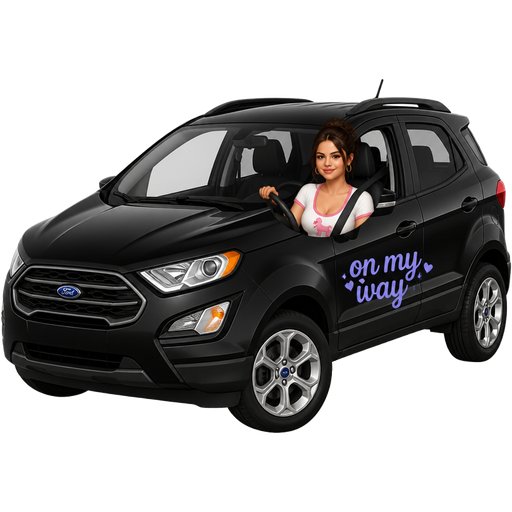 Black 2020 Ford Eco sport with Selena Gomez in the front seat driving and showing off some cute small cleavage in a poodle T-shirt, there is a periwinkle decal on the driver side door that says on my way