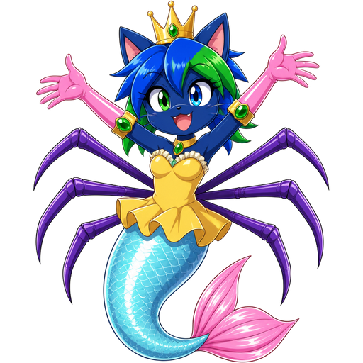 smiling dark blue boy cat furry with green and blue hair wearing golden crown green braclets attached to pink long rubber gloves yellow dress tucked in a light cyan mermaid tail with white highlights with pink tail fins with six purple spider legs (sonic x anime)