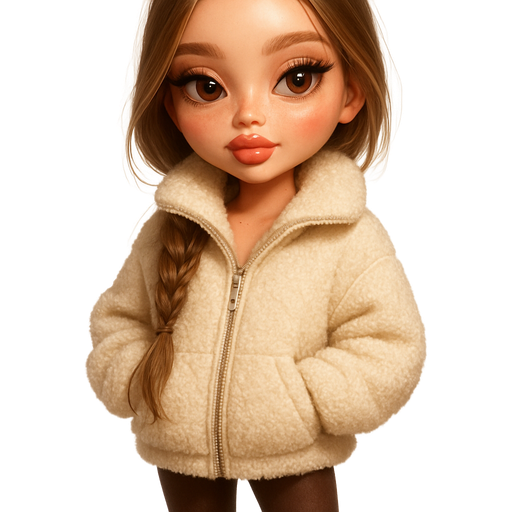 semi-realistic soft cartoon luxury glam, mini plush Bratz-doll aesthetic, cinematic glow, crisp clean detail, glossy glam skin. brown eyed skinny Petite girl, fair skin with soft freckles, wide face with tall forehead, honey-brown almond wide-set upturned eyes, fluttery lashes, shimmer highlight, plush lips, bottom heavy lip, sweet Belle-princess vibe, long straight medium brown hair with visible light blonde highlights, softly defined feminine body, soft hourglass shape with full round bust, oversized long cream sherpa jacket zipped up, paired with dark brown leggings, white platform sneakers, warm honey gloss, hair in soft side-parted fishtail braid over shoulder with tendrils framing face, almond shimmer eyeshadow and subtle coral blush. Cozy romantic glow, soft warm lighting, pop-princess energy
