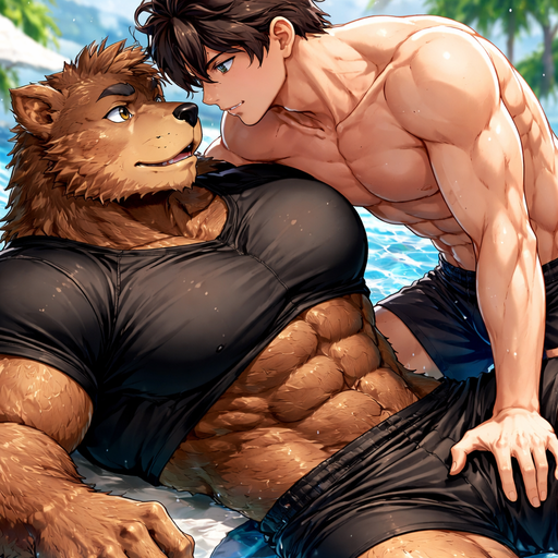 A Full BODY and FACE of Muscular and Buff and a Gigantically Muscular with Chunky Gigantic Pecs AND biceps and a BIGGER head with the Perfect Waist. VERY Masculine and handsome ANIME ANIMATED Bara Furry Grizzly Bear with a VERY Good-looking, Detailed and Mature Face and brown eyes with a wrestler type body. Wearing a Black Baggy short Shirt, on top of his his buff handsome and Human Crush Falling on top of him. Pool party. Leaning over. Looking at each other.