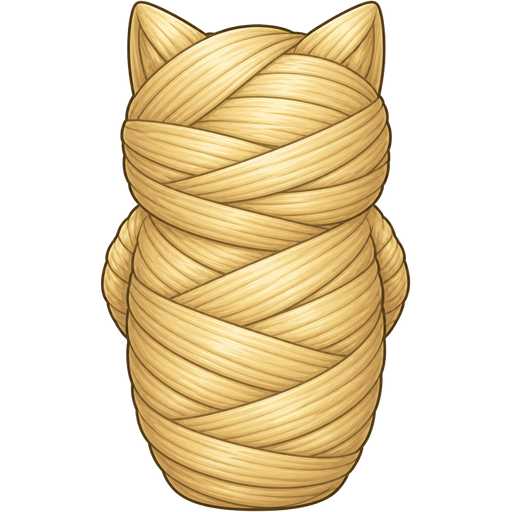 wrapped up and mummified fully covered in a blonde hair cocoon shaped like cat with arms behind back with blonde completely covered with thick layers non-transparent blonde hair blonde hair