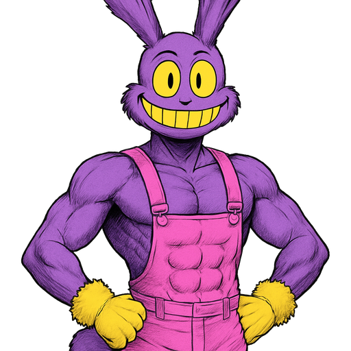 A furry purple tall lanky bunny 6’2 foot tall with a yellow big grin and a yellow sclera eyes with black square pupils with a purple fluffy tail wearing pink overalls he is muscular and has abs with yellow gloves with fluffy furr he is so hot and handsome and also cute with horizontally wide oval shaped head he doesn’t have a nose
