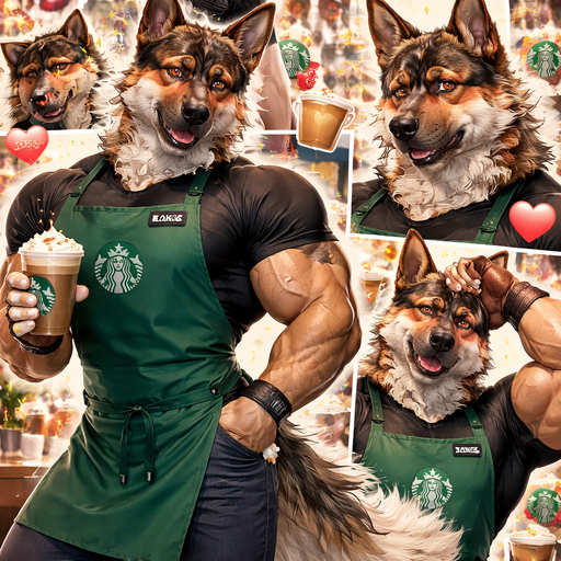 A Full Body and Facial Wallpaper of a Hunky and Chunky a Very Hot and Handsome German Shepard mixed with a Sheep dog bara furry who is a Starbucks worker and Extremely muscular but not to muscular and Extremely Masculine and Handsome and Ginormous Arms and a Rounded Pecs very Short Strait Hair but tall and a little bit lean. Dressed as A Coffee Worker. Blushing