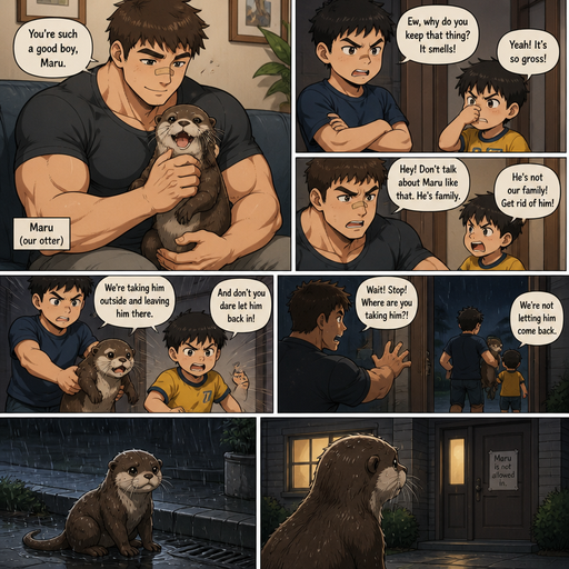 A DETAILED AND LIFELIKE ANIME Comic Book story view of a Bulky but Muscular ANIME Cute Bara Man With Peach toned skin Who looks Normal aind round facial Structure and Basic facial structure With Puffy and Big Pecs that are visible through the shirt and Biceps and Bandaid on his nose and Brown Fluffy and Strait hair. Wearing normal With his pet Grown and healthy realistic otter and 2 little brothers that are in different ages but young. And they all don’t like the otter. Brothers and take away the otter and leave it on the street and won’t allow it come back.