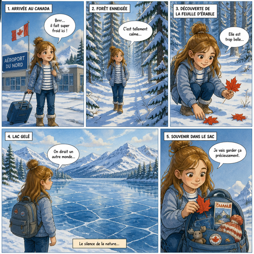 Style : bande dessinée couleur, ambiance froide et lumineuse, forêts et montagnes enneigées, atmosphère calme et magique. Personnage principal (identique dans toutes les cases) : Léa, jeune fille de 11–12 ans, française, cheveux longs châtain doré légèrement ondulés, petit chignon sur le dessus de la tête, visage doux et expressif. Elle porte un t-shirt blanc ou à rayures bleu marine, veste chaude légère par-dessus, pantalon confortable et chaussures adaptées au froid. Apparence strictement identique dans toutes les cases. Important : Tous les textes doivent être en français parfait et lisible. ⸻ 🟦 Case 1 : Arrivée au Canada Léa sort d’un petit aéroport, air froid visible (petite vapeur de respiration). Bulle de Léa : « Brrr… il fait super froid ici ! » ⸻ 🟦 Case 2 : Forêt enneigée Léa marche dans une grande forêt couverte de neige. Bulle de Léa : « C’est tellement calme… » ⸻ 🟦 Case 3 : Découverte de la feuille d’érable Léa ramasse une feuille d’érable rouge posée sur la neige. Bulle de Léa : « Elle est trop belle… » ⸻ 🟦 Case 4 : Lac gelé Léa regarde un lac gelé avec les montagnes au loin. Bulle de Léa : « On dirait un autre monde… » Encadré narratif : « Le silence de la nature… » ⸻ 🟦 Case 5 : Souvenir dans le sac Léa range la feuille d’érable dans son sac à dos rempli de souvenirs. Bulle de Léa : « Je vais garder ça précieusement. »